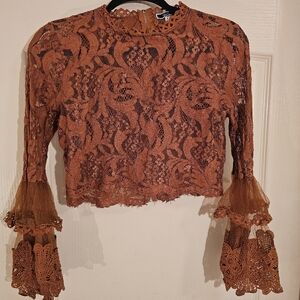 Vivid Rust Lace Bell Sleeve Crop Top Sheer Boho Romantic L